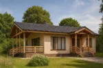Проект дома «П-92» из СИП-панелей, 92 м² — одноэтажный дом с бежевым фасадом, черной крышей и террасой | HotWell.KZ