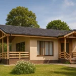 Проект дома «П-92» из СИП-панелей, 92 м² — одноэтажный дом с бежевым фасадом, черной крышей и террасой | HotWell.KZ