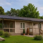 Проект дома «П-92Б» из СИП-панелей, 92 м² — одноэтажный дом с бежевым фасадом, серой крышей и террасой | HotWell.KZ