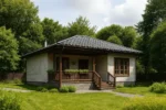 Проект дома «П-92В» из СИП-панелей, 92 м² — одноэтажный дом с бежевым фасадом, темной крышей и крытым крыльцом | HotWell.KZ