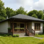 Проект дома «П-92В» из СИП-панелей, 92 м² — одноэтажный дом с бежевым фасадом, темной крышей и крытым крыльцом | HotWell.KZ