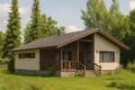 Проект дома «П-94Б» из СИП-панелей, 94 м² — одноэтажный дом с бежевым фасадом, серой крышей и крытым крыльцом | HotWell.KZ