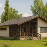Проект дома «П-94Б» из СИП-панелей, 94 м² — одноэтажный дом с бежевым фасадом, серой крышей и крытым крыльцом | HotWell.KZ