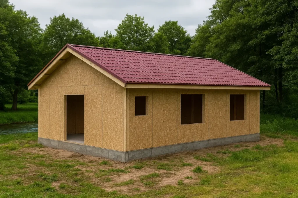 Дом «П-96», 71 м², 1 этаж, в черновой отделке: коробка из СИП-панелей OSB-3, двускатная кровля из металлочерепицы, проёмы без окон и дверей