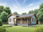 Проект дома «П-96Б» из СИП-панелей, 96 м² — одноэтажный дом с серым фасадом, коричневой крышей и террасой | HotWell.KZ
