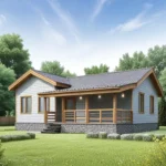 Проект дома «П-96Б» из СИП-панелей, 96 м² — одноэтажный дом с серым фасадом, коричневой крышей и террасой | HotWell.KZ