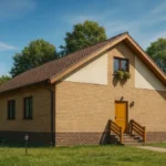 Проект дома «П-98» из СИП-панелей, 98 м² — одноэтажный дом с кирпичным фасадом, коричневой крышей и крыльцом | HotWell.KZ