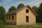 Дом «П-98», 98 м², 1 этаж, в черновой отделке: коробка из СИП-панелей OSB-3, двускатная кровля из металлочерепицы, проёмы без окон и дверей