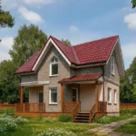 Проект дома «Р-102» из СИП-панелей, 102 м² — двухэтажный дом с серым фасадом, красной крышей и террасой | HotWell.KZ