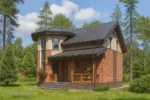 Проект дома «Р-110» из СИП-панелей, 110 м² — двухэтажный дом с кирпичным фасадом, серой крышей и крыльцом | HotWell.KZ