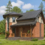 Проект дома «Р-110» из СИП-панелей, 110 м² — двухэтажный дом с кирпичным фасадом, серой крышей и крыльцом | HotWell.KZ