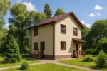 Проект дома «Р-112В» из СИП-панелей, 112 м² — двухэтажный дом с бежевым фасадом, коричневой крышей и крыльцом | HotWell.KZ