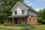 Проект дома «Р-145» из СИП-панелей, 145 м² — двухэтажный дом с белым и кирпичным фасадом, серой крышей и крыльцом | HotWell.KZ