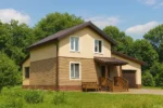 Проект дома «Р-146» из СИП-панелей, 146 м² — двухэтажный дом с бежевым фасадом, коричневой крышей и гаражом | HotWell.KZ