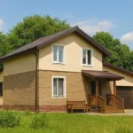 Проект дома «Р-146» из СИП-панелей, 146 м² — двухэтажный дом с бежевым фасадом, коричневой крышей и гаражом | HotWell.KZ