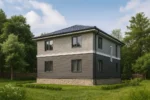 Проект дома «Р-150» из СИП-панелей, 150 м² — двухэтажный дом с серым фасадом и синей крышей | HotWell.KZ