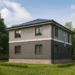 Проект дома «Р-150» из СИП-панелей, 150 м² — двухэтажный дом с серым фасадом и синей крышей | HotWell.KZ