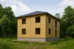 Дом «Р-150», 150 м², 2 этажа, в черновой отделке: коробка из СИП-панелей OSB-3, вальмовая кровля из металлочерепицы, проёмы без окон и дверей, в проёмах видны сосновые балки перекрытия