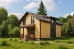Проект дома «Р-150Б» из СИП-панелей, 150 м² — двухэтажный дом с деревянным фасадом, коричневой крышей и крыльцом | HotWell.KZ