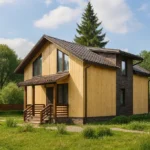 Проект дома «Р-150Б» из СИП-панелей, 150 м² — двухэтажный дом с деревянным фасадом, коричневой крышей и крыльцом | HotWell.KZ
