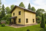 Проект дома «Р-152» из СИП-панелей, 152 м² — двухэтажный дом с жёлтым фасадом, коричневой крышей и крыльцом | HotWell.KZ