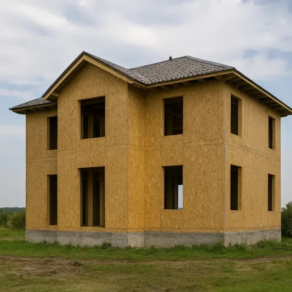 Дом «Р-157», 157 м², 2 этажа, в черновой отделке: коробка из СИП-панелей OSB-3, вальмовая кровля из металлочерепицы, проёмы без окон и дверей, в проёмах видны сосновые балки перекрытия