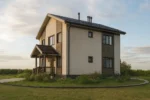 Проект дома «Р-161» из СИП-панелей, 161 м² — двухэтажный дом с бежевым фасадом, серой крышей и крыльцом | HotWell.KZ