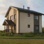 Проект дома «Р-161» из СИП-панелей, 161 м² — двухэтажный дом с бежевым фасадом, серой крышей и крыльцом | HotWell.KZ