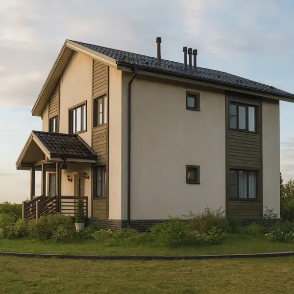 Проект дома «Р-161» из СИП-панелей, 161 м² — двухэтажный дом с бежевым фасадом, серой крышей и крыльцом | HotWell.KZ