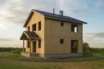 Дом «Р-161», 161 м², 2 этажа, в черновой отделке: коробка из СИП-панелей OSB-3, двускатная кровля из металлочерепицы, проёмы без окон и дверей, в проёмах видны сосновые балки перекрытия