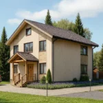 Проект дома «Р-161Б» из СИП-панелей, 161 м² — двухэтажный дом с бежевым фасадом, коричневой крышей и крыльцом | HotWell.KZ