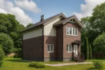 Проект дома «Р-163» из СИП-панелей, 163 м² — двухэтажный дом с коричневым фасадом, серой крышей и крыльцом | HotWell.KZ
