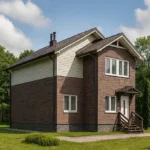 Проект дома «Р-163» из СИП-панелей, 163 м² — двухэтажный дом с коричневым фасадом, серой крышей и крыльцом | HotWell.KZ