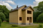 Дом «Р-163», 163 м², 2 этажа, в черновой отделке: коробка из СИП-панелей OSB-3, двускатная кровля из металлочерепицы, проёмы без окон и дверей, в проёмах видны сосновые балки перекрытия