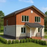 Проект дома «Р-164» из СИП-панелей, 164 м² — двухэтажный дом с коричневым фасадом, серой крышей и крыльцом | HotWell.KZ