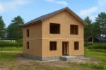 Дом «Р-164», 164 м², 2 этажа, в черновой отделке: коробка из СИП-панелей OSB-3, двускатная кровля из металлочерепицы, проёмы без окон и дверей, в проёмах видны сосновые балки перекрытия