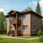 Проект дома «Р-164Б» из СИП-панелей, 164 м² — двухэтажный дом с коричневым фасадом, темной крышей и балконом | HotWell.KZ
