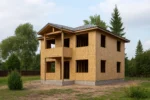 Дом «Р-164Б», 164 м², 2 этажа, в черновой отделке: коробка из СИП-панелей OSB-3, вальмовая кровля из металлочерепицы, проёмы без окон и дверей, в проёмах видны сосновые балки перекрытия