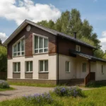 Проект дома «Р-165» из СИП-панелей, 165 м² — двухэтажный дом с белым фасадом, коричневой отделкой и серой крышей | HotWell.KZ