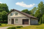 Проект дома «Р-170Б» из СИП-панелей, 170 м² — двухэтажный дом с серым фасадом, коричневой крышей и гаражом | HotWell.KZ