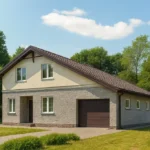 Проект дома «Р-170Б» из СИП-панелей, 170 м² — двухэтажный дом с серым фасадом, коричневой крышей и гаражом | HotWell.KZ