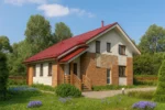 Проект дома «Р-171» из СИП-панелей, 171 м² — двухэтажный дом с кирпичным фасадом, красной крышей и крыльцом | HotWell.KZ
