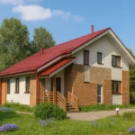 Проект дома «Р-171» из СИП-панелей, 171 м² — двухэтажный дом с кирпичным фасадом, красной крышей и крыльцом | HotWell.KZ