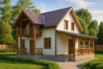 Проект дома «Р-174» из СИП-панелей, 174 м² — двухэтажный дом с бежевым фасадом, коричневой крышей и балконом | HotWell.KZ