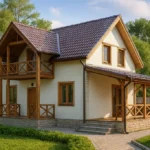 Проект дома «Р-174» из СИП-панелей, 174 м² — двухэтажный дом с бежевым фасадом, коричневой крышей и балконом | HotWell.KZ
