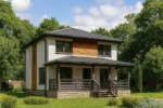 Проект дома «Р-180» из СИП-панелей, 180 м² — двухэтажный дом с белым фасадом, серой крышей и крытой террасой | HotWell.KZ