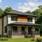 Проект дома «Р-180» из СИП-панелей, 180 м² — двухэтажный дом с белым фасадом, серой крышей и крытой террасой | HotWell.KZ