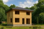 Дом «Р-180», 180 м², 2 этажа, в черновой отделке: коробка из СИП-панелей OSB-3, вальмовая кровля из металлочерепицы, проёмы без окон и дверей, в проёмах видны сосновые балки перекрытия