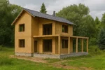 Дом «Р-183», 183 м², 2 этажа, в черновой отделке: коробка из СИП-панелей OSB-3, двускатная кровля из металлочерепицы, проёмы без окон и дверей, в проёмах видны сосновые балки перекрытия