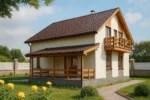 Проект дома «Р-186» из СИП-панелей, 186 м² — двухэтажный дом с бежевым фасадом, коричневой крышей и балконом | HotWell.KZ